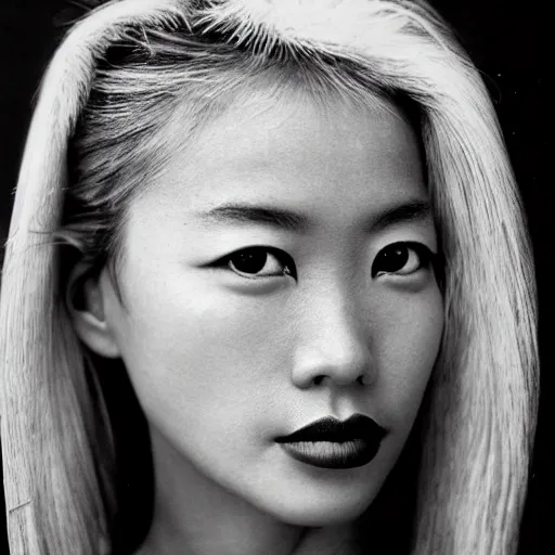 Prompt: black and white vogue closeup portrait by herb ritts of a beautiful female model, chinese, high contrast