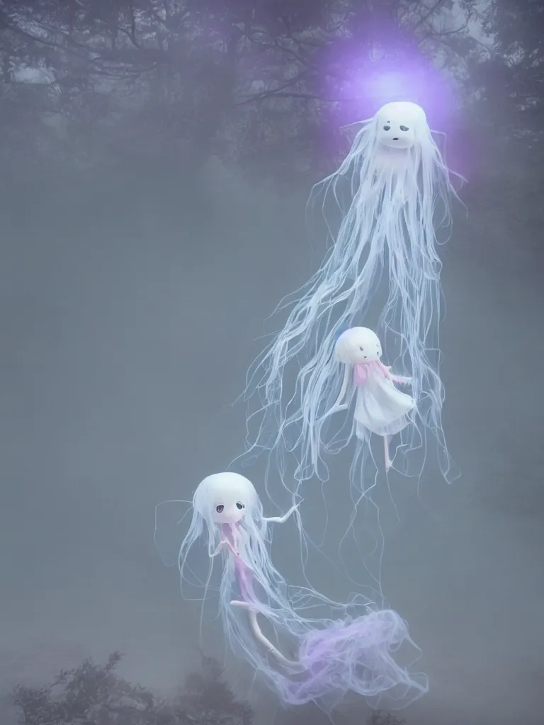Prompt: cute fumo plush smiling ectoplasmic gothic jellyfish ghost girl waving in deep fog over mysterious waters, anime, reflective river bank in the midst of a forgotten forest, glowing pink wisps of hazy green smoke and eerie blue volumetric fog swirling about, moonlight, glowing lens flare, black and white, refraction, vray