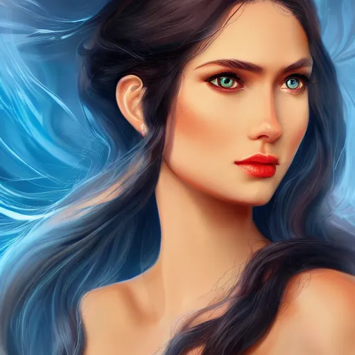 Image similar to portrait of a majestic princess with long black hair and blue eyes, digital art, 4k, artstation