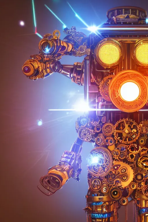 Prompt: portrait photo of a giant huge golden and blue metal humanoid steampunk robot witha huge camera on the head, with gears and tubes, eyes are glowing red lightbulbs, shiny crisp finish, 3 d render, 8 k, insaneley detailed, fluorescent colors, background is multicolored lasershow