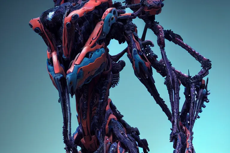 Prompt: portrait of a posed hyper detailed complex, plowhorn evangelion realistic mechanical and organic creature similar look as horizon forbidden west horizon zero dawn bioluminiscence in a dark deep forest at dawn in spring, with reflection and textures, by kilian eng, substance painter reaslitic mech surface metal painted scratches