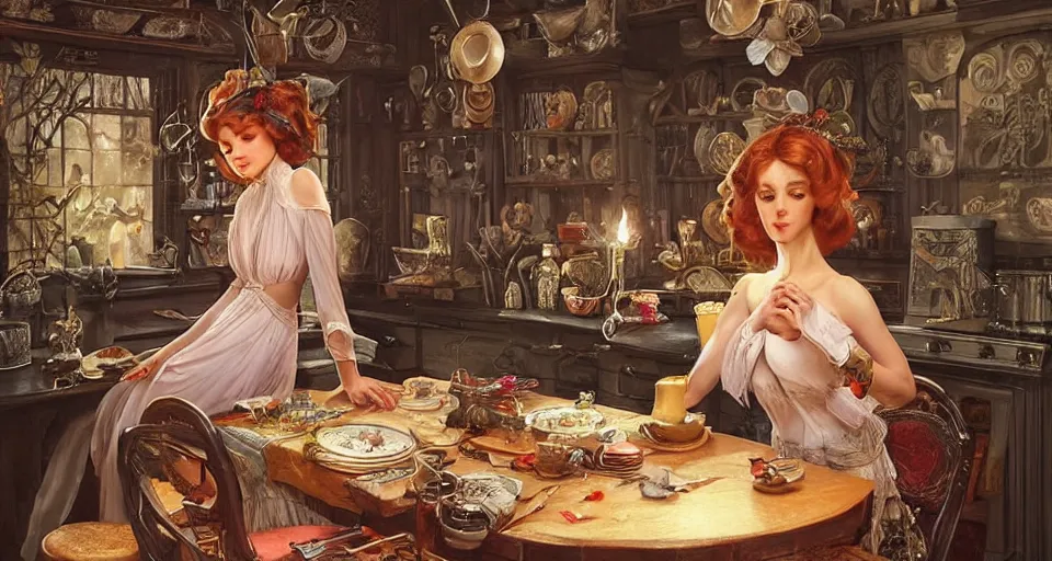 Prompt: a portrait of a fairy in a vintage magical kitchen, with one vintage book on a table, with a fireplace in the background d & d, fantasy, intricate, elegant, highly detailed, digital painting, artstation, concept art, smooth, sharp focus, illustration, art by artgerm and greg rutkowski and alphonse mucha