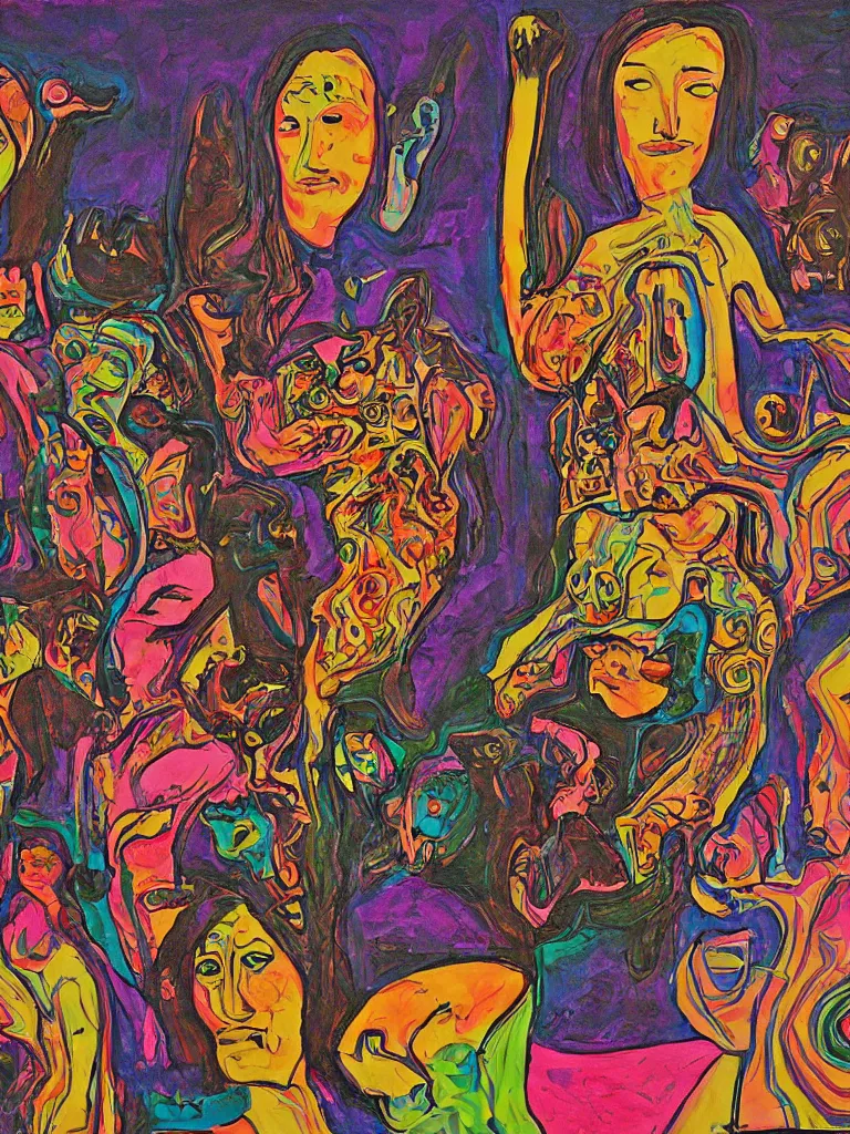 Image similar to Three Women and Three Cats, a psychedelic artwork by Alton Kelley