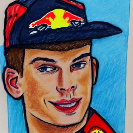 Image similar to a badly drawn picture of max verstappen, caricature, crayon art, bad, beginner art