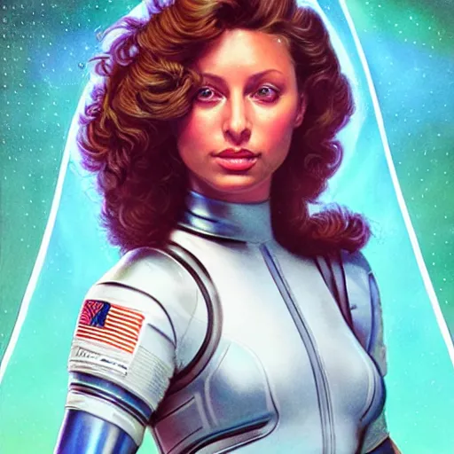 Image similar to Aly Michalka as a stunning , beautiful retro SCI-FI space heroine 1985 , movie poster, intricate, elegant, highly detailed, centered, digital painting, trending on artstation, concept art, smooth, sharp focus, illustration, art by artgerm and donato giancola and Joseph Christian Leyendecker, Ross Tran, WLOP