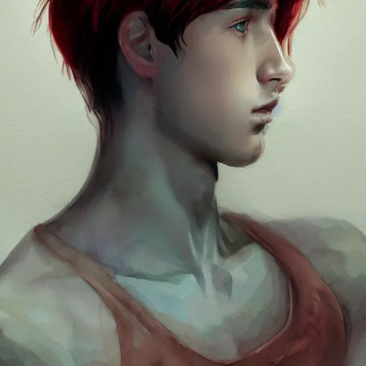 Prompt: young boy, red hair, gorgeous, amazing, elegant, intricate, highly detailed, watercolor digital painting, artstation, concept art, sharp focus, illustration, art by Ross tran