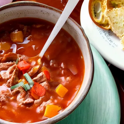 Image similar to emma watson inside a goulash soup bowl