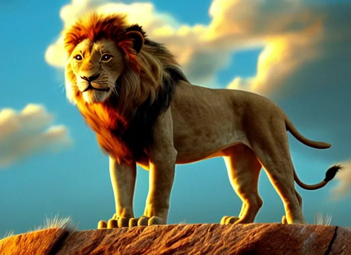 Prompt: screenshot from the lion king (1994), iconic scene, HD remaster, Disney, highly detailed, high quality, detailed fur, simba