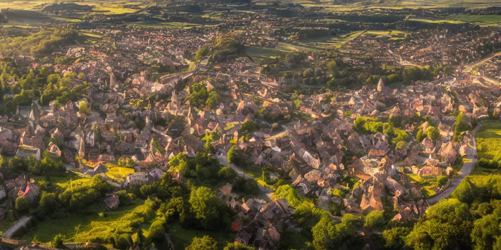 Prompt: medieval town in a mystical english landscape, cinematic, dramatic, panorama, aerial view, exposure, dichromatism, light, 4 k, 8 k, ultra - hd, big, crepuscular rays, natural lighting, sunlight, lantern, nightlight, cinematic lighting, accent lighting