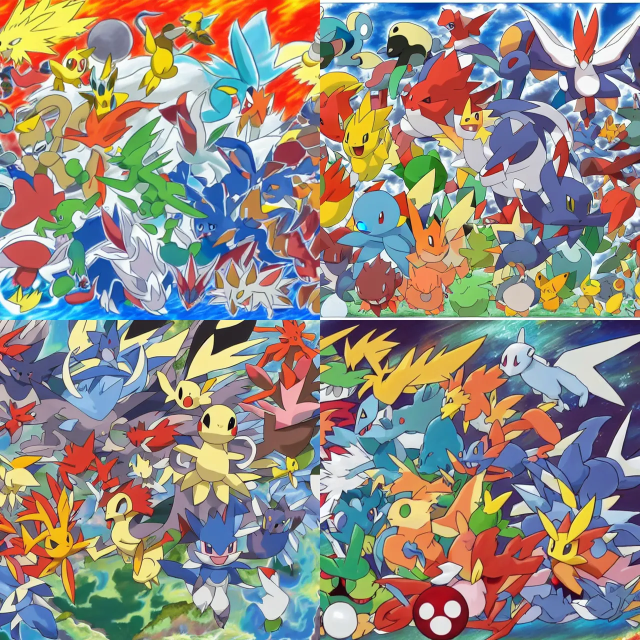 Prompt: official art of a diverse crowd of Pokémon, by Ken Sugimori, whitespace, Bulbapedia, Pokémon logo, ninetales kyogre blaziken camerupt seaking lanturn moltres