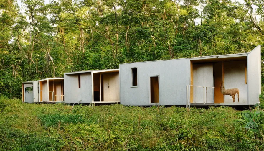 Image similar to A wide image of an eco-community of innovative contemporary 3D printed prefab sea ranch style cabins with rounded corners and angles<photobomb>alpaca</photobomb>, beveled edges, made of cement and concrete, organic architecture, in a lush green forest Designed by Gucci and Wes Anderson, golden hour