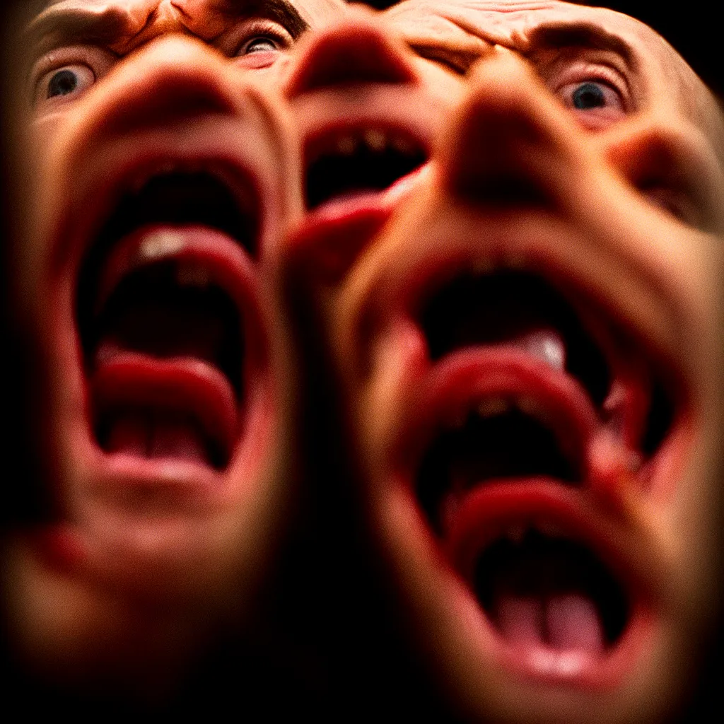 Prompt: famous close - up portrait of john mcmilly screaming in terror, by photographer annie leibovitz. 8 5 mm lens f / 1. 8, chiaroscuro