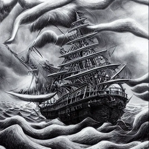 Image similar to a highly detailed hyperrealistic scene of a ship being attacked by giant squid tentacles, jellyfish, squid attack, dark, voluminous clouds, thunder, stormy seas, pirate ship, dark, high contrast, artgerm, soft focus, sharp, MC Escher, bright light