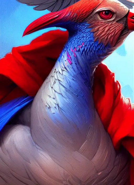 Image similar to portrait of aggressive pigeon, d & d, muscular! blue and red, fantasy, intricate, elegant, highly detailed, digital painting, artstation, concept art, smooth, sharp focus, illustration, art by artgerm and greg rutkowski and alphonse mucha