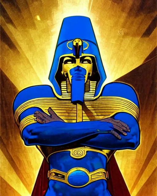 Prompt: a pharaoh made of blue crystal with a golden mask and helmet hovers ominously in the air inside a high - tech tomb, comic cover painting, masterpiece artstation. 8 k, sharp high quality artwork in style of wayne reynolds, alphonse mucha, arthur adams, greg rutkowski, and don bluth, concept art by jack kirby