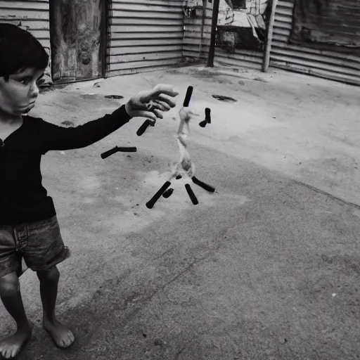 Prompt: a child juggling 3 molotov cocktails, photography