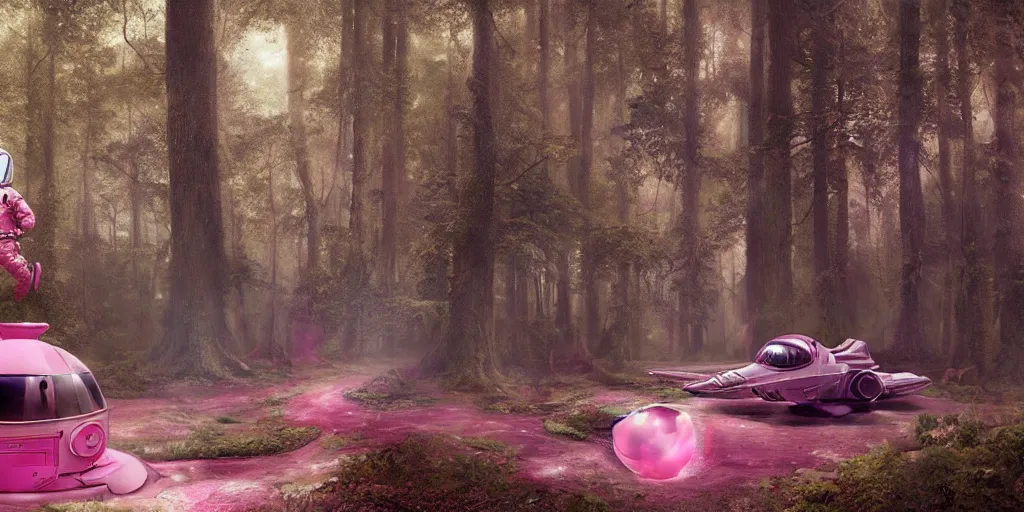 Image similar to an astronaut and a pink space ship in a forest, a detailed matte painting by frieke janssens, featured on cgsociety, space art, matte painting, matte drawing