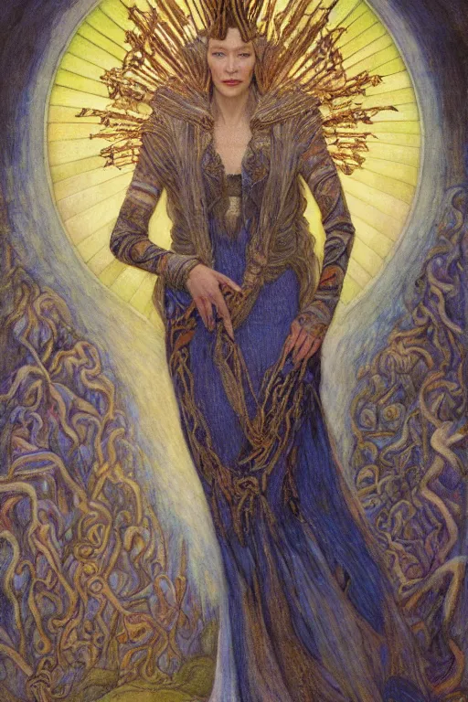 Image similar to cate blanchett , by jean delville and Gaston Bussière and Tino Rodriguez and Diego Rivera , elaborate headdress and embroidered velvet, iridescent beetles, rich color, dramatic cinematic lighting, extremely detailed