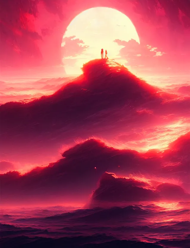 Prompt: ghost above a red sea with clear sky, artwork by tooth wu and wlop and alena aenami and greg rutkowski