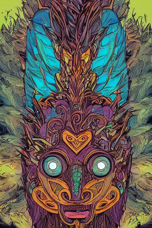 Image similar to animal mask totem roots flower tribal feather gemstone plant wood rock shaman vodoo video game vector cutout illustration vivid multicolor borderlands comics by josan gonzales and dan mumford radiating a glowing aura