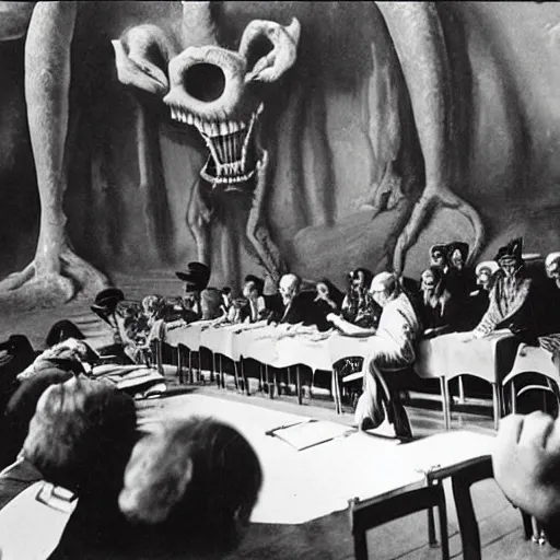 Image similar to lecturer giving a lecture to a hall filled with fantastic monsters, by dali