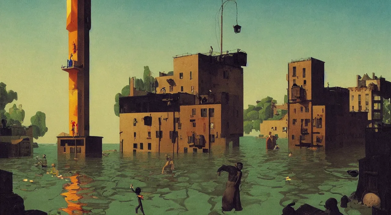 Prompt: single flooded simple human skin tower, very coherent and colorful high contrast!! masterpiece by rene magritte simon stalenhag carl spitzweg syd mead norman rockwell edward hopper james gilleard, minimalist, dark shadows, sunny day, hard lighting