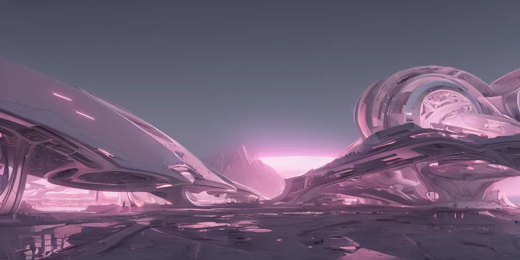 Image similar to futuristic space station in the mountains, cinematic lighting, intricate details, octane rendering, zaha hadid building, cinematic matte, pink sunset, falling snow, monochrome colors, trending on artstation, featured on behance