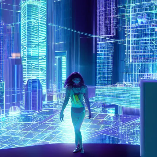 Image similar to Human studying three-dimensional hologram representation of base architecture in cyberpunk city