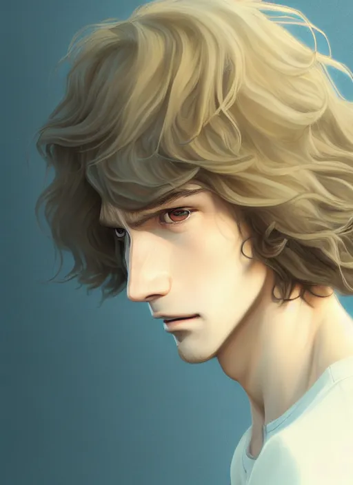 Image similar to young man with medium - length, curly, golden hair, perfectly proportioned face, aquamarine eyes, sorrow, natural lighting, path traced, highly detailed, high quality, cartoon, digital painting, by new haicheng and studio ghibli