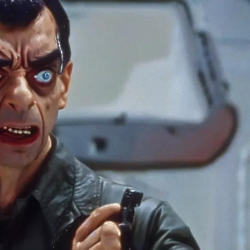 Prompt: A still of Mr Bean as the Terminator in The Terminator (1984)