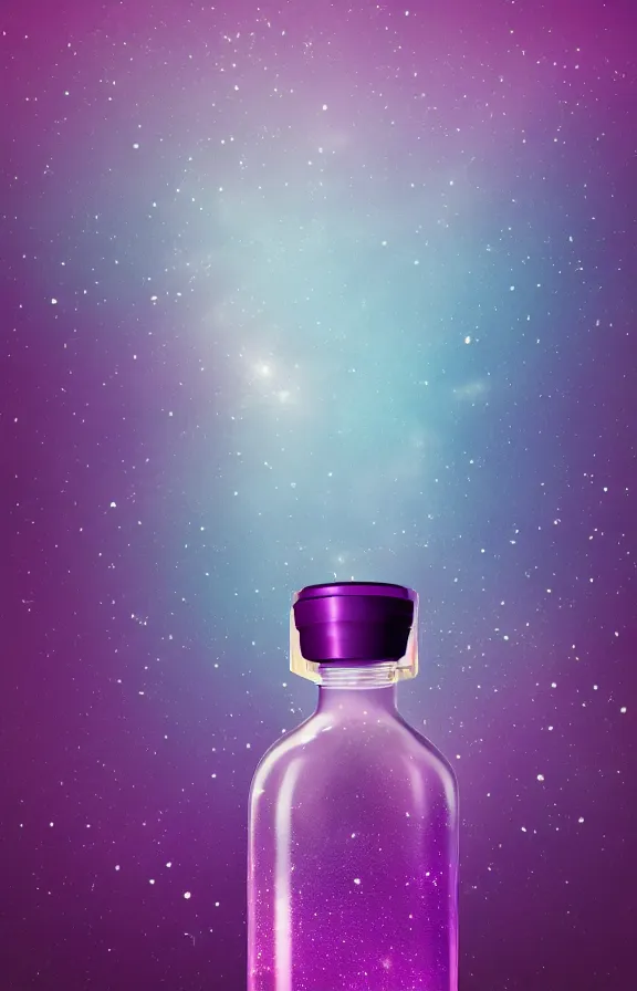 Image similar to purple liquid inside a bottle, universe background, minimalist artwork, symmetrical