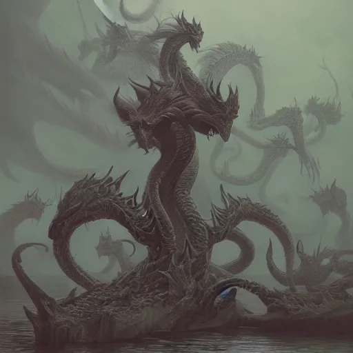 Prompt: concept art of a hydra, dragon with many heads, hyperrealistic, a painting by beksinski, by ruan jia, by austin osman spare, symbolist painting, mist, volumetric render, digital painting, detailed painting, occult, octane render