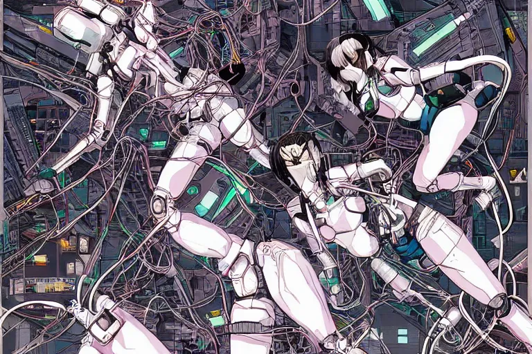 Image similar to a cyberpunk illustration of a group of female androids in style of masamune shirow, lying scattered across an empty, white floor with their bodies rotated in different poses and cables and wires coming out, by yukito kishiro and katsuhiro otomo, hyper-detailed, intricate