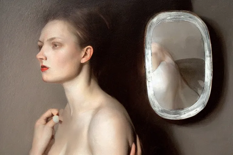 Prompt: hyperrealism, portrait of woman through the broken melting mirrors reflections, soft light, in style of classicism