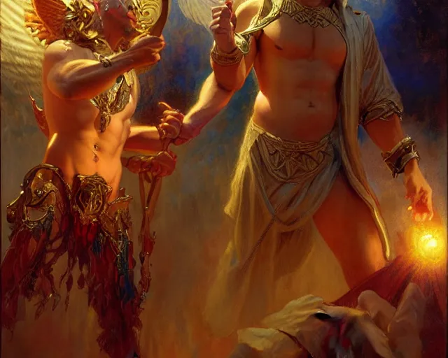 Image similar to attractive male deity, casting demonic magic, summoning handsome lucifer morning star. highly detailed painting by gaston bussiere, craig mullins, j. c. leyendecker 8 k