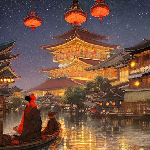 Image similar to view from the river of a beautiful painting of the lantern festival in a town resembling old kyoto and old town prague, at night with a sky full of stars, intricate, elegant, highly detailed, digital painting, artstation, concept art, by krenz cushart and artem demura and alphonse mucha