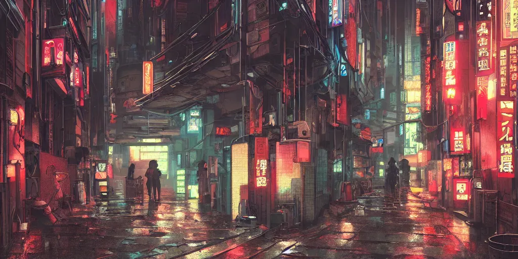 Prompt: Cyberpunk back alley on a rainy day in Japan, low angle view, detailed matte painting, cinematic, Moebius, Artstation