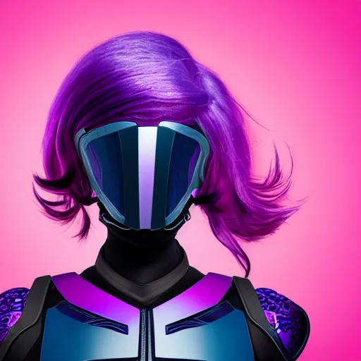 Prompt: a award winning action upper body portrait of a beautiful woman with a ombre purple pink hairstyle with head in motion and hair flying while wearing futuristic navy blue bodyarmor and pauldrons, outrun, vaporware, highly detailed, fine detail, intricate