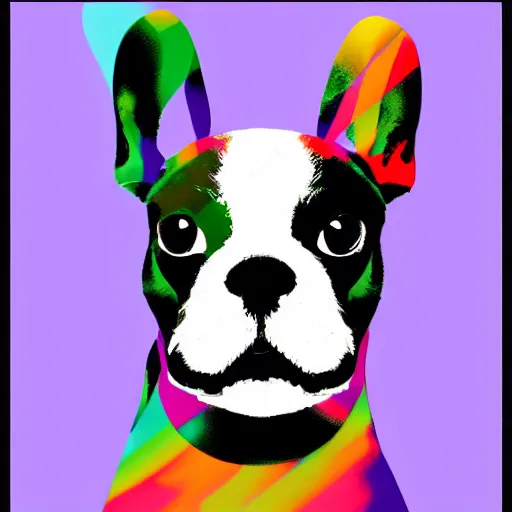 Prompt: rainbow excited smiling french bulldog puppy. pop art.