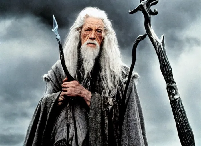 Image similar to gandalf played by lance henriksen stood outside orthanc, style of h. r. giger, directed by david fincher