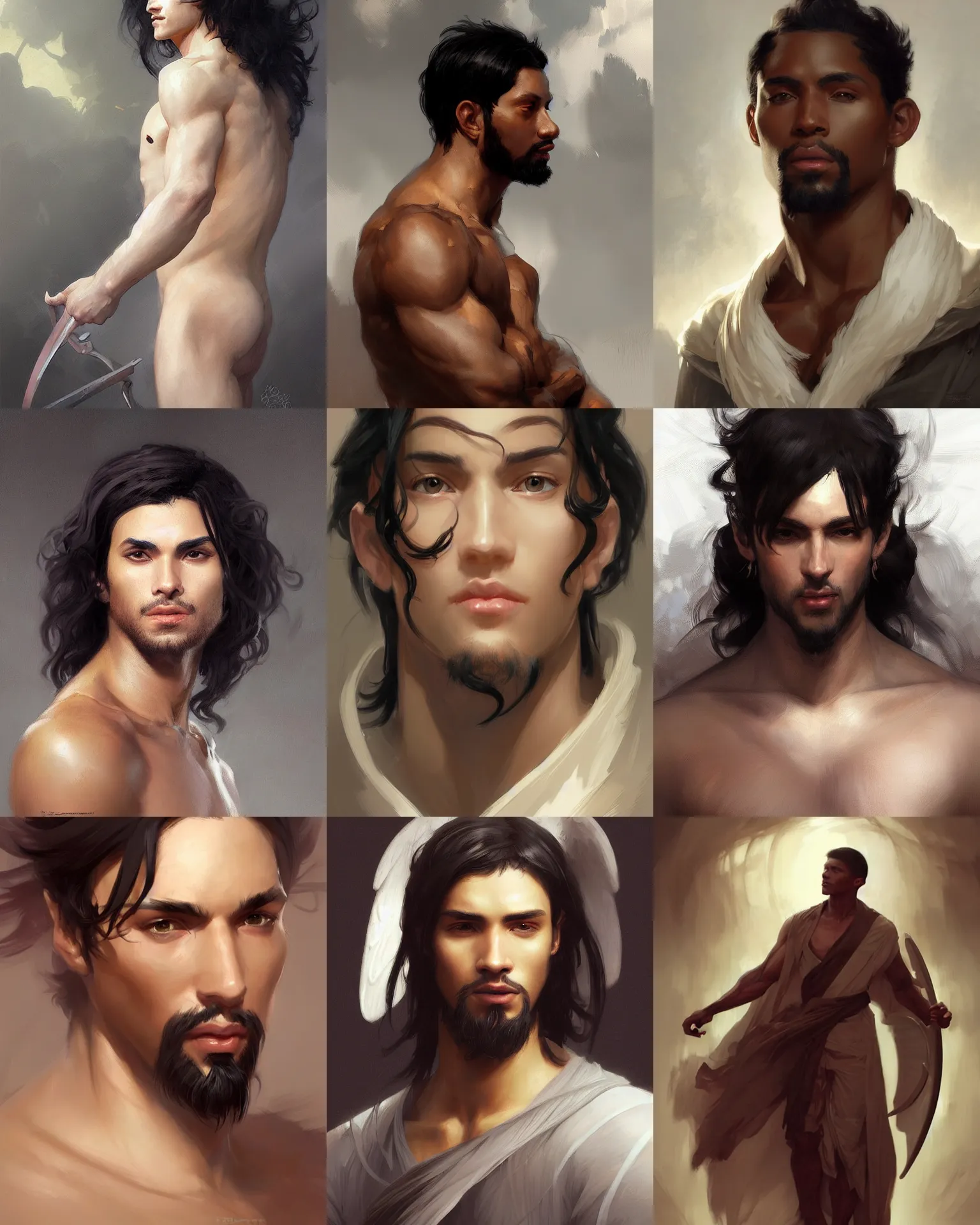 Prompt: character concept portrait of a handsome male angel with brown skin and long black hair. Digital painting, concept art, smooth, sharp focus, illustration, by Ruan Jia and Mandy Jurgens and Artgerm and William-Adolphe Bouguereau