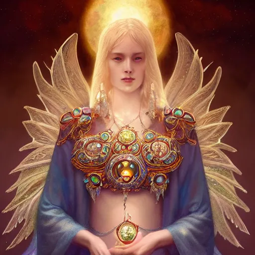 Image similar to A beautiful digital painting of a female Seraphim full of jewels, princess, the moon behind her, intricate, cinematic lighting, highly detailed, digital painting, Artstation, concept art, smooth, sharp focus, illustration, art by Tom Bagshaw, Artgerm and Greg Rutkowski