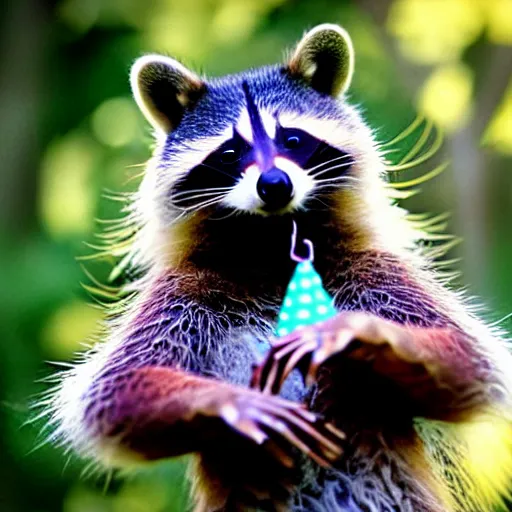 Image similar to a portrait photo of a beautiful racoon wearing a dress, hanging party decorations