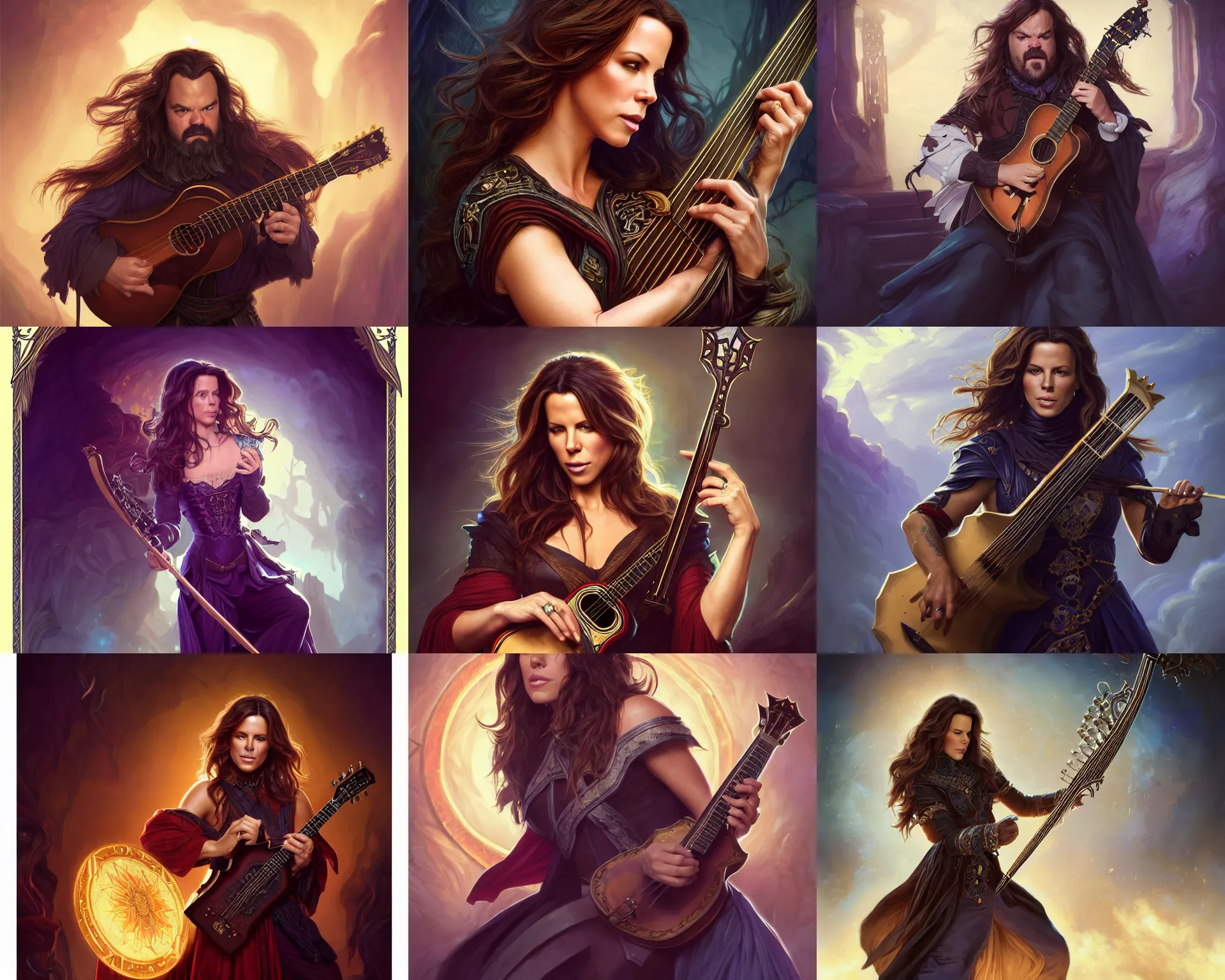 Prompt: photography of kate beckinsale as jack black as a bard with a guitar singing 8 k, deep focus, d & d, fantasy, intricate, elegant, highly detailed, digital painting, artstation, concept art, matte, sharp focus, illustration, hearthstone, art by artgerm and greg rutkowski and alphonse mucha