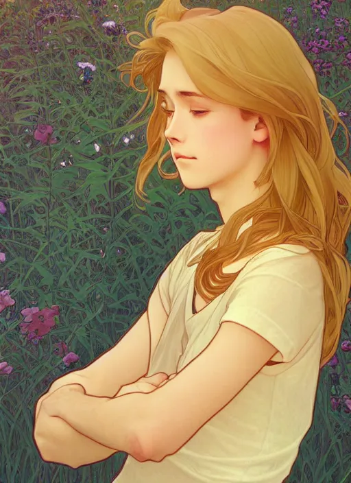 Image similar to pretty young man with shoulder length shiny shimmering golden blond hair, head down, demure, shy, path traced, highly detailed, high quality, digital painting, by studio ghibli and alphonse mucha, leesha hannigan, disney