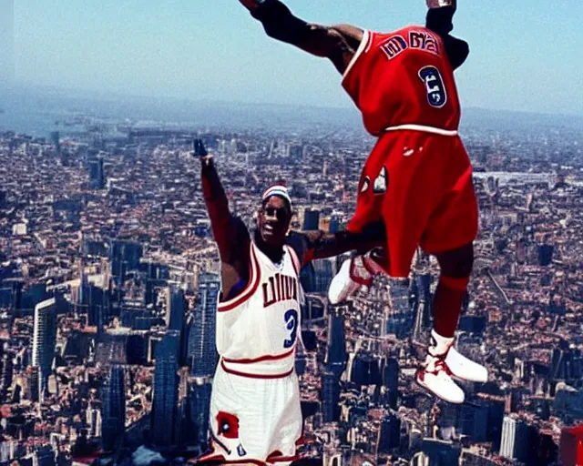 Prompt: dennis rodman t-posing in the air like jordan. he is flying over the city like a delicate little dove