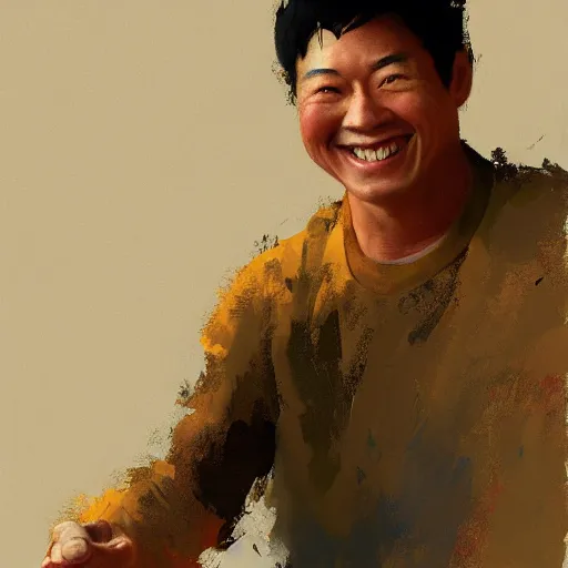 Prompt: a happy asian man, painted by Craig Mullins