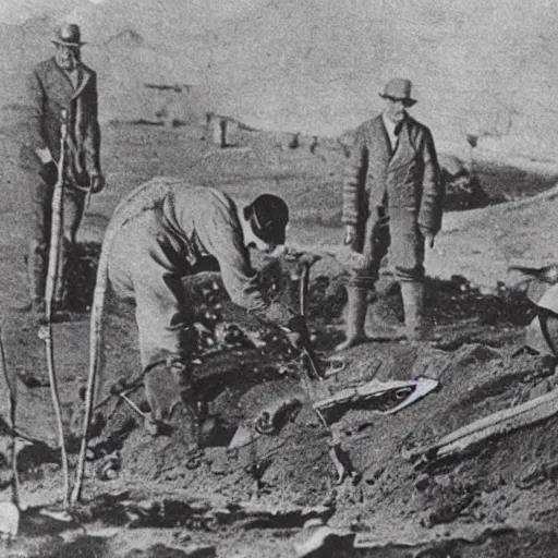 Prompt: photo from 1912 showing among us fossil being unearthed by paleontologists