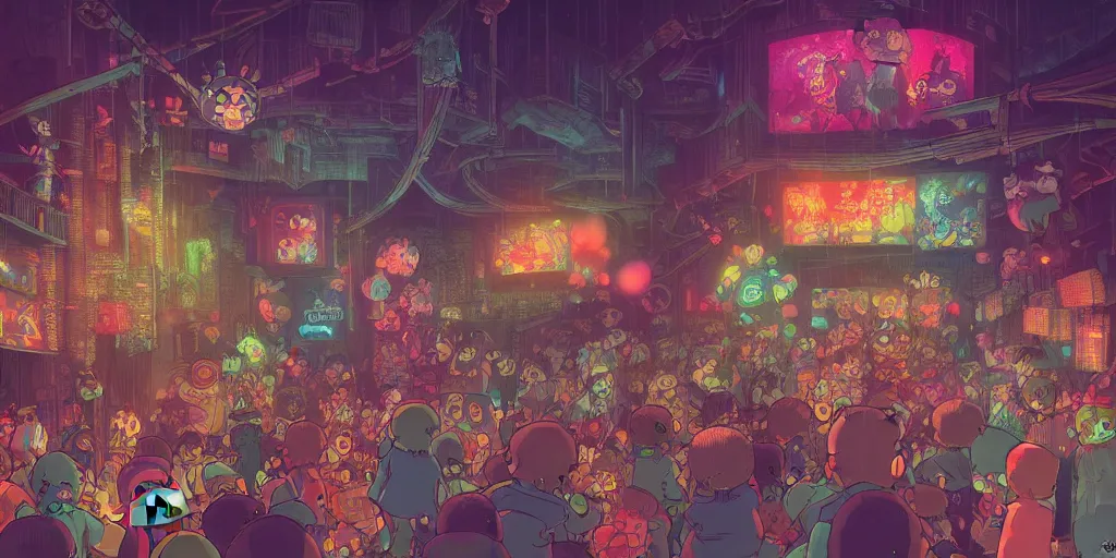 Prompt: a dark noisy night club, several teddy bear going berserk, disco lighting, darkly playful color scheme, intricate details, matte painting, illustration, by hayao miyazaki