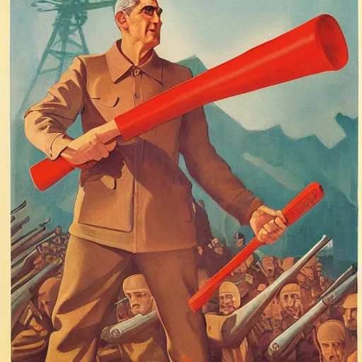 Image similar to soviet propaganda of robert mueller holding a hammer and sickle in realistic collective farm, by j. c. leyendecker, bosch, and beksinski